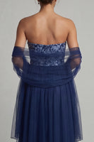 Load image into Gallery viewer, Navy Tulle A Line Long Floral Formal Dress with Shawl