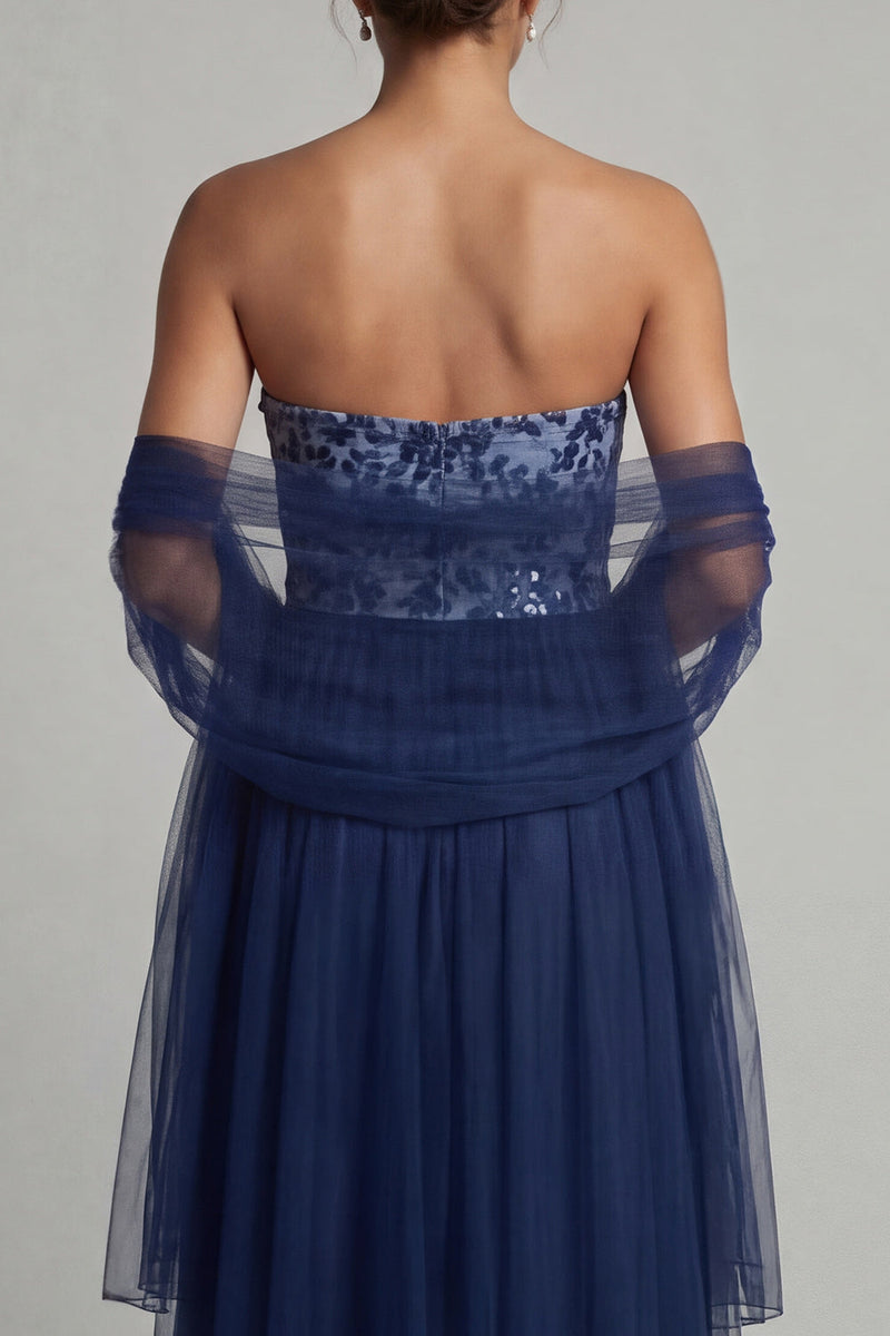 Load image into Gallery viewer, Navy Tulle A Line Long Floral Formal Dress with Shawl