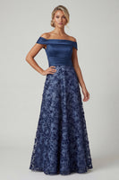 Load image into Gallery viewer, Navy A Line Beaded Floral Long Formal Dress