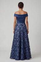 Load image into Gallery viewer, Navy A Line Beaded Floral Long Formal Dress