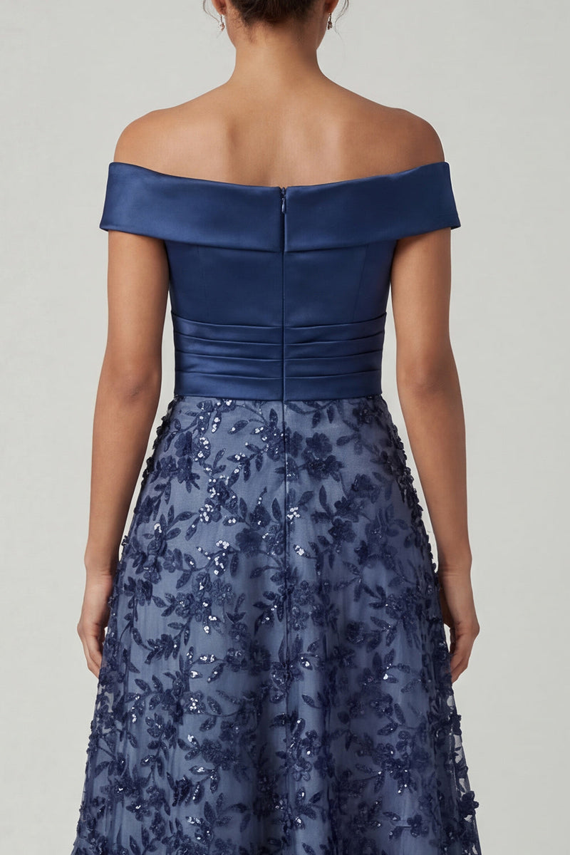 Load image into Gallery viewer, Navy A Line Beaded Floral Long Formal Dress