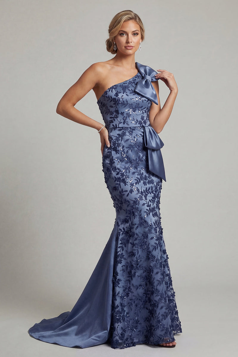 Load image into Gallery viewer, Navy Floral Mermaid Long Formal Dress with Bow
