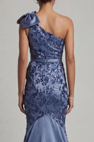 Load image into Gallery viewer, Navy Floral Mermaid Long Formal Dress with Bow