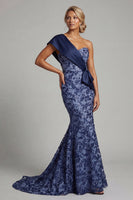 Load image into Gallery viewer, Navy One Shoulder Floral Mermaid Long Formal Dress