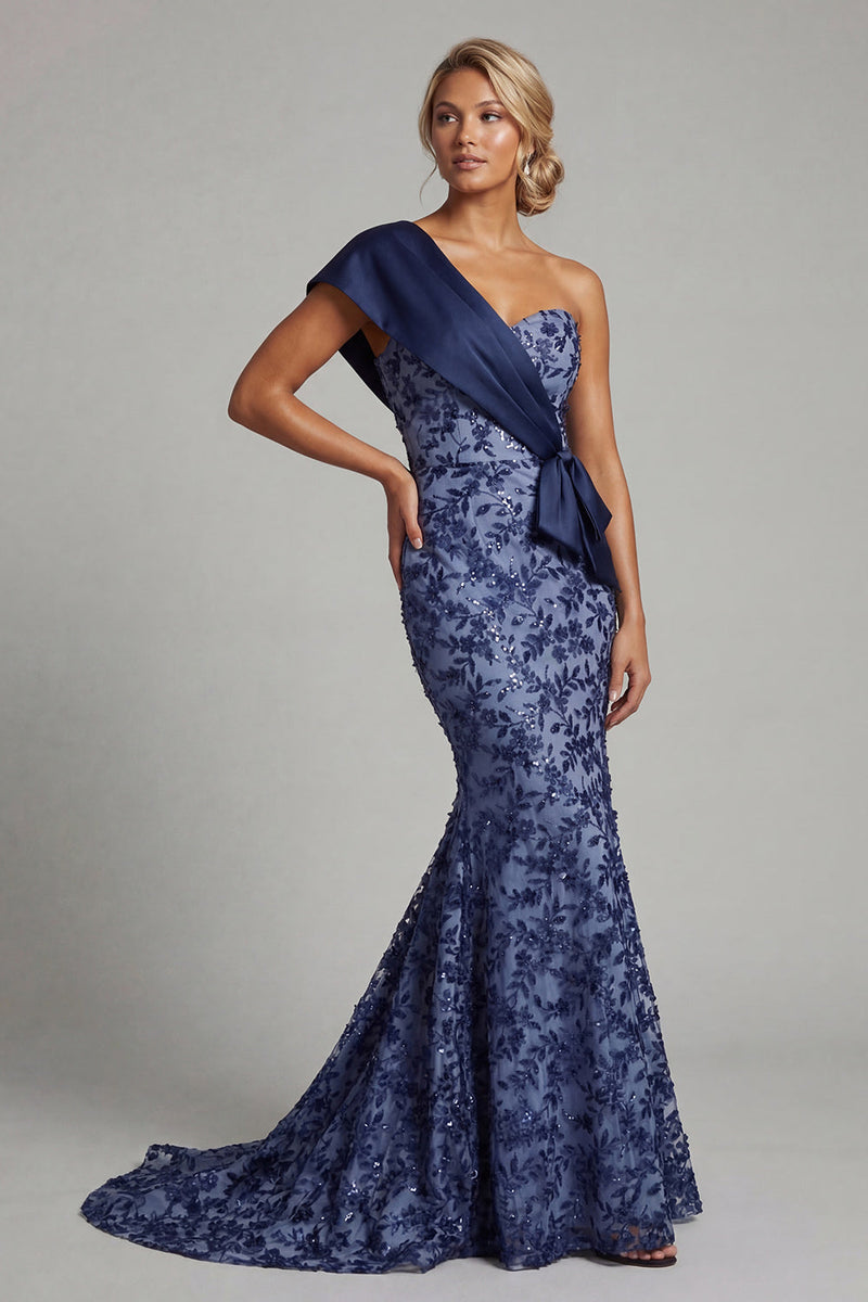 Load image into Gallery viewer, Navy One Shoulder Floral Mermaid Long Formal Dress