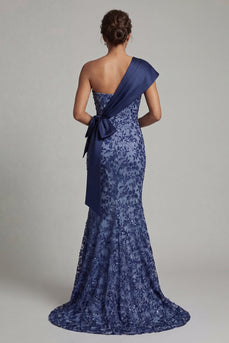 Navy One Shoulder Floral Mermaid Long Formal Dress