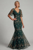 Load image into Gallery viewer, Dark Green Mermaid V-Neck Floral Long Formal Dress