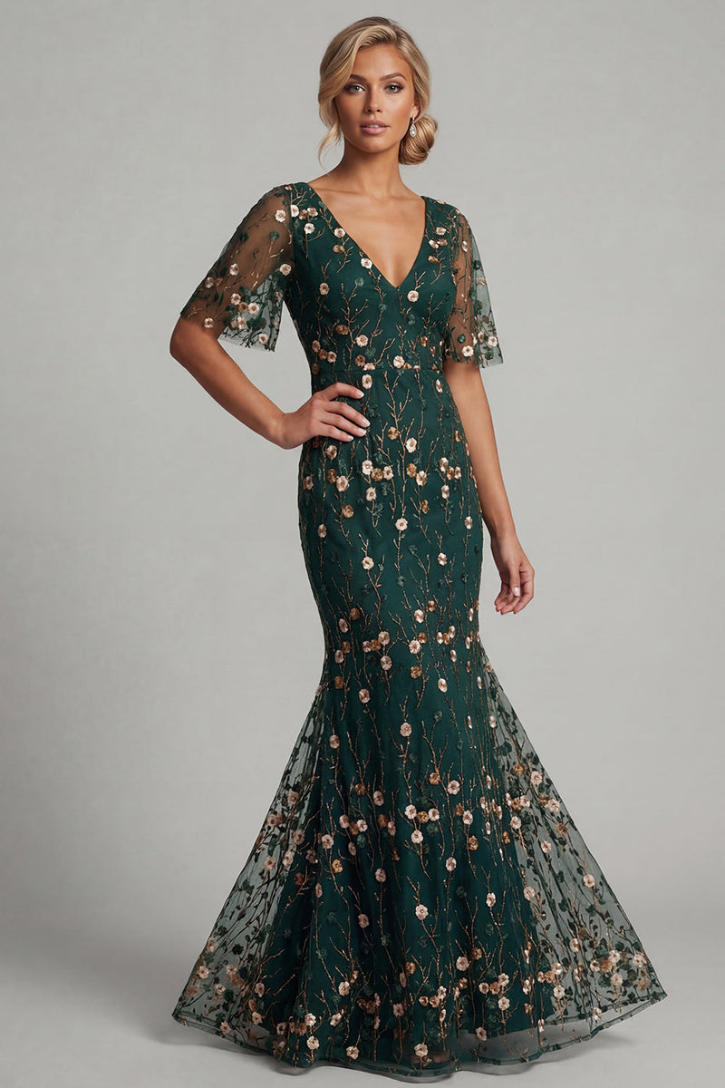 Load image into Gallery viewer, Dark Green Mermaid V-Neck Floral Long Formal Dress