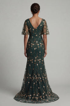 Dark Green Mermaid V-Neck Floral Long Formal Dress