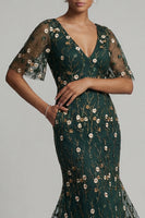 Load image into Gallery viewer, Dark Green Mermaid V-Neck Floral Long Formal Dress
