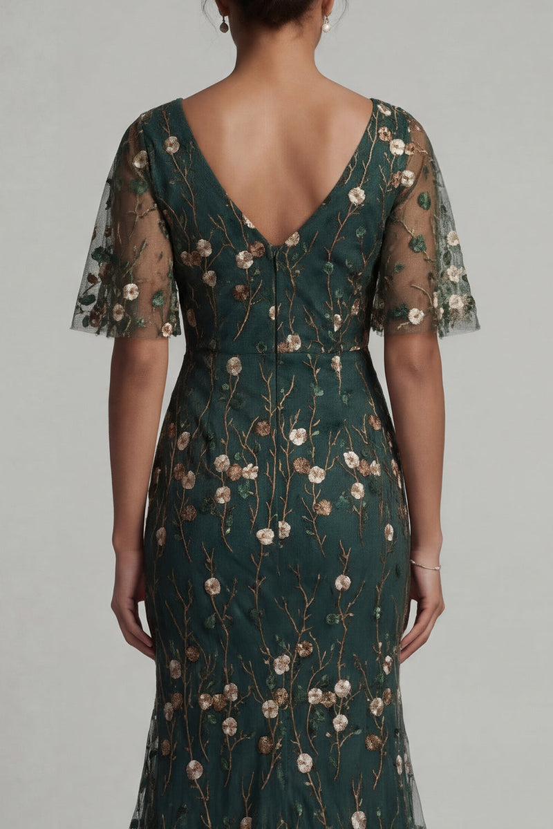 Load image into Gallery viewer, Dark Green Mermaid V-Neck Floral Long Formal Dress