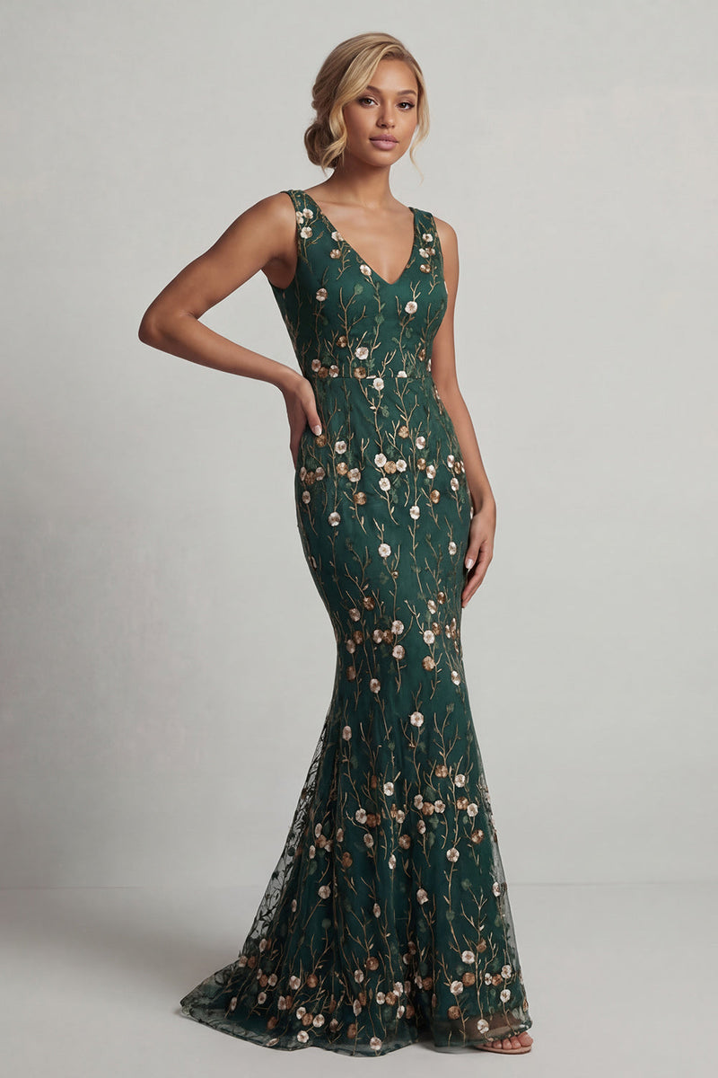 Load image into Gallery viewer, Dark Green Floral V-Neck Mermaid Long Formal Dress