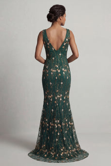 Dark Green Floral V-Neck Mermaid Long Formal Dress