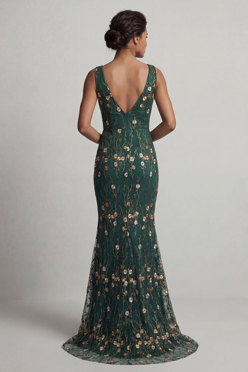 Load image into Gallery viewer, Dark Green Floral V-Neck Mermaid Long Formal Dress
