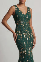 Load image into Gallery viewer, Dark Green Floral V-Neck Mermaid Long Formal Dress