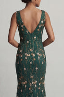 Load image into Gallery viewer, Dark Green Floral V-Neck Mermaid Long Formal Dress