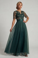 Load image into Gallery viewer, Dark Green Half Sleeves A Line Floral Long Formal Dress
