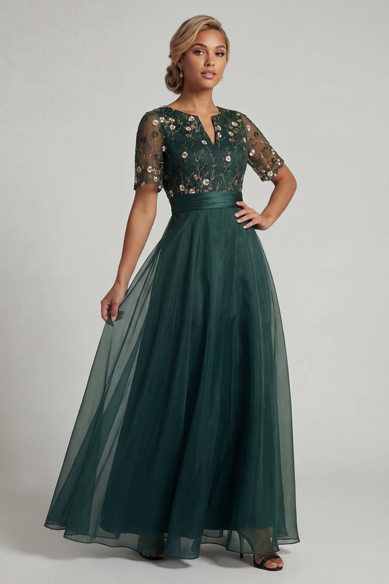 Load image into Gallery viewer, Dark Green Half Sleeves A Line Floral Long Formal Dress