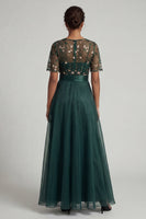 Load image into Gallery viewer, Dark Green Half Sleeves A Line Floral Long Formal Dress