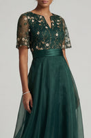 Load image into Gallery viewer, Dark Green Half Sleeves A Line Floral Long Formal Dress