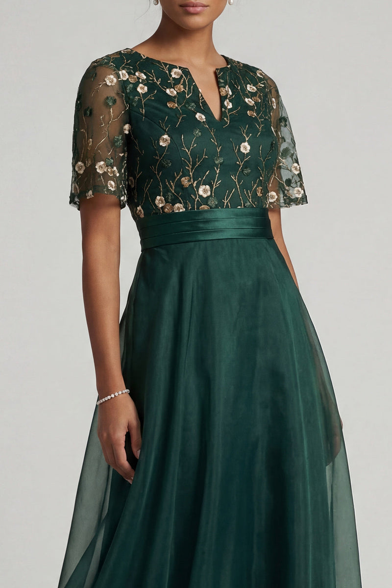 Load image into Gallery viewer, Dark Green Half Sleeves A Line Floral Long Formal Dress