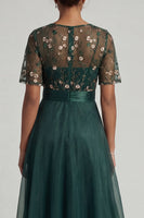 Load image into Gallery viewer, Dark Green Half Sleeves A Line Floral Long Formal Dress