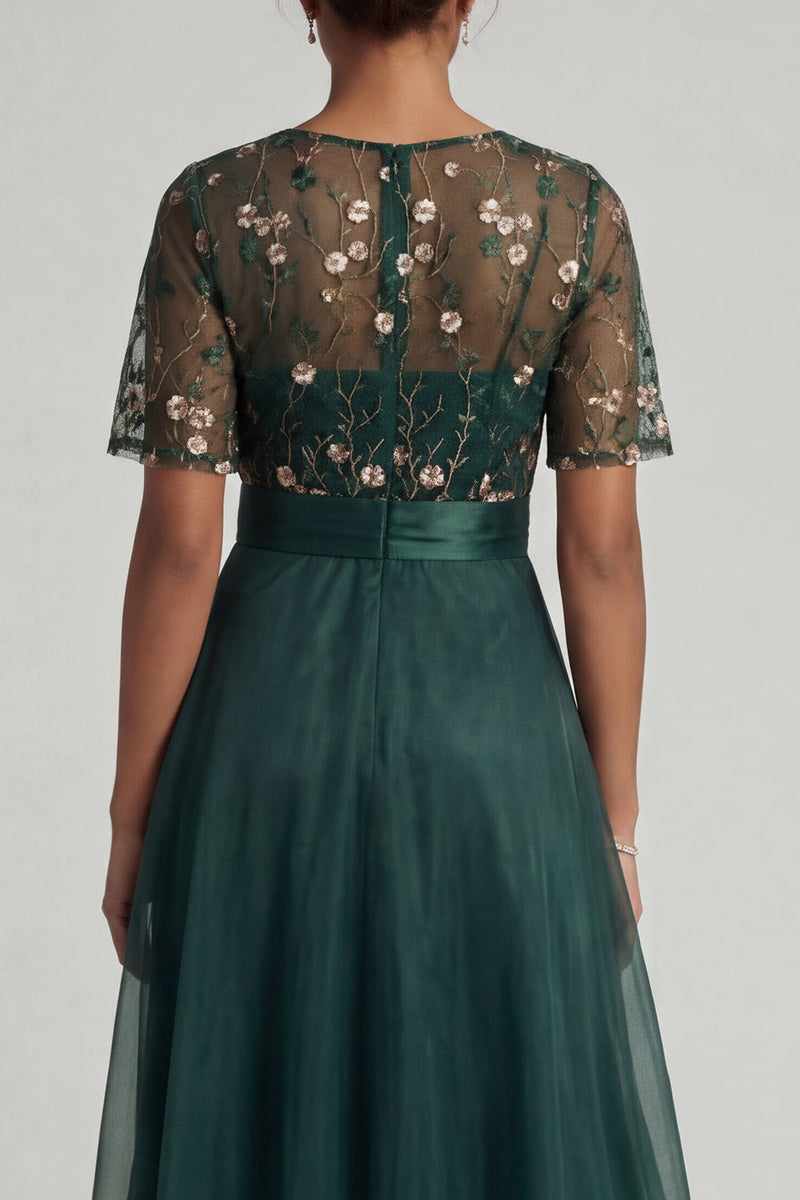 Load image into Gallery viewer, Dark Green Half Sleeves A Line Floral Long Formal Dress