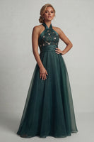 Load image into Gallery viewer, Dark Green A Line Floral Halter Long Formal Dress