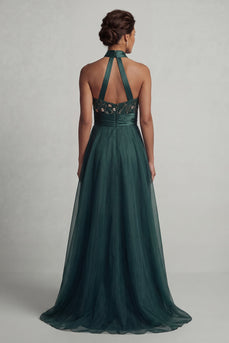 Dark Green A Line Floral Halter Long Formal Dress