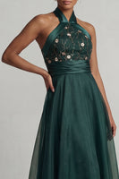 Load image into Gallery viewer, Dark Green A Line Floral Halter Long Formal Dress