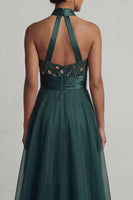 Load image into Gallery viewer, Dark Green A Line Floral Halter Long Formal Dress