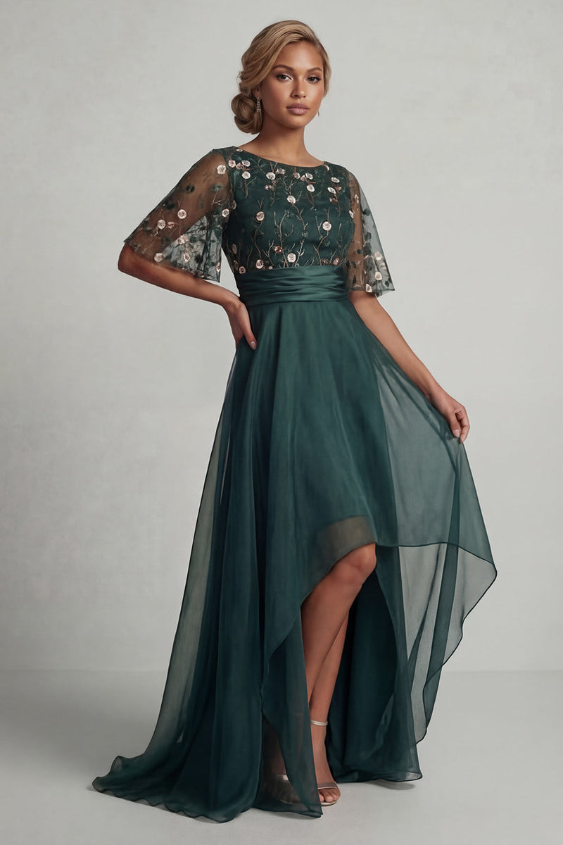 Load image into Gallery viewer, A Line Dark Green Floral Boat Neck High Low Formal Dress