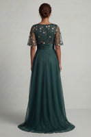 Load image into Gallery viewer, A Line Dark Green Floral Boat Neck High Low Formal Dress