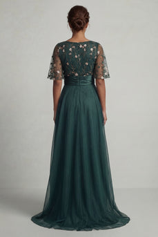 A Line Dark Green Floral Boat Neck High Low Formal Dress