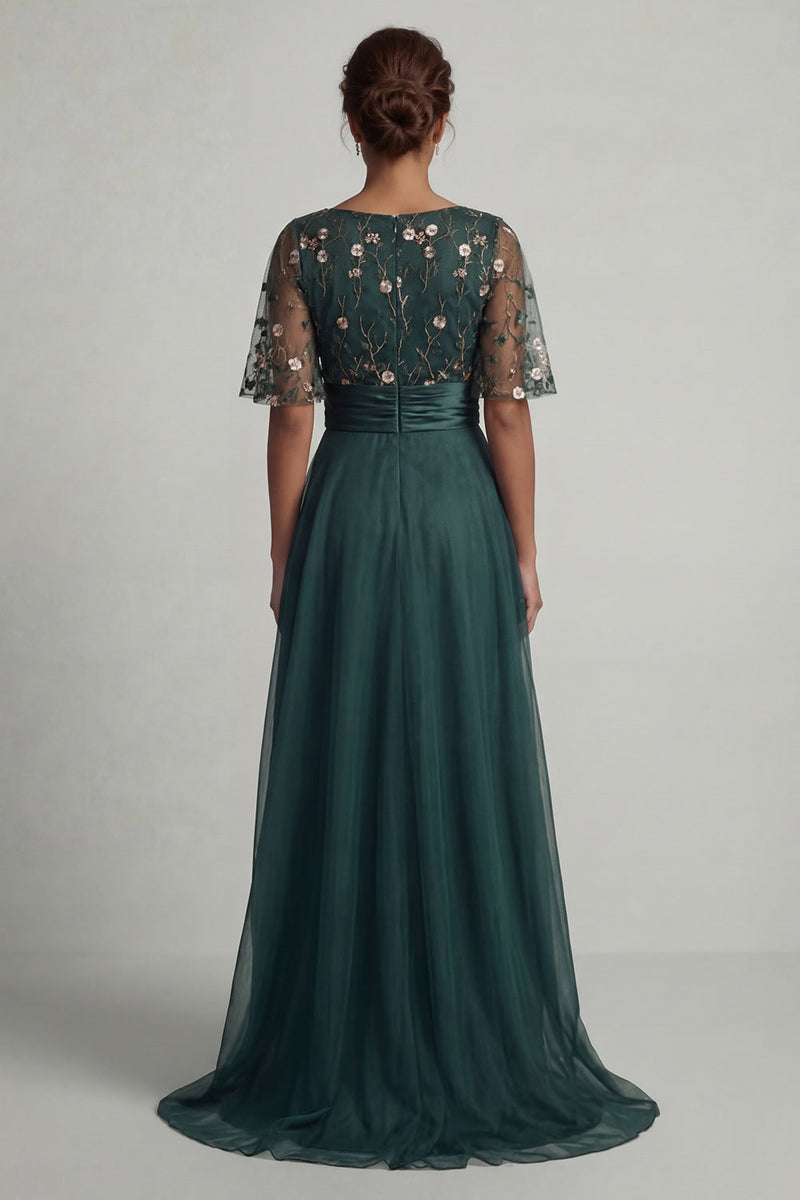 Load image into Gallery viewer, A Line Dark Green Floral Boat Neck High Low Formal Dress