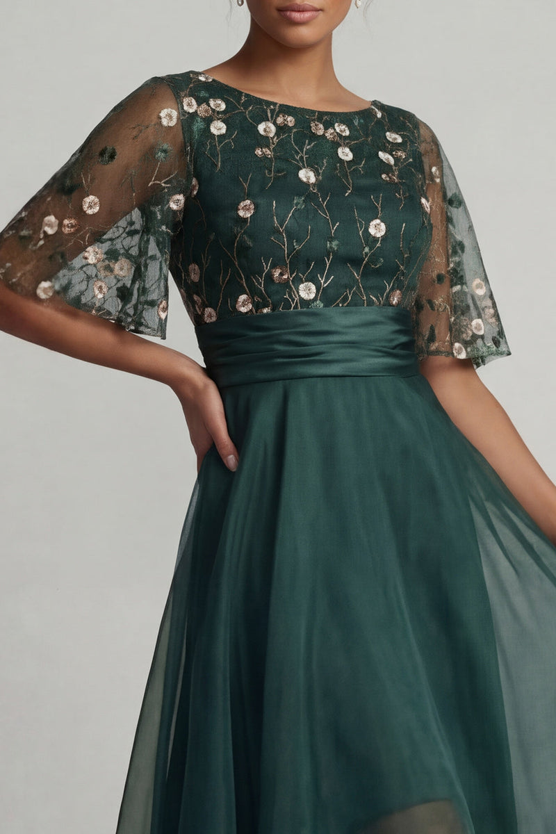 Load image into Gallery viewer, A Line Dark Green Floral Boat Neck High Low Formal Dress