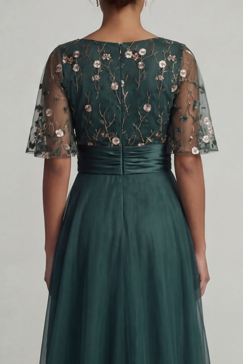 Load image into Gallery viewer, A Line Dark Green Floral Boat Neck High Low Formal Dress