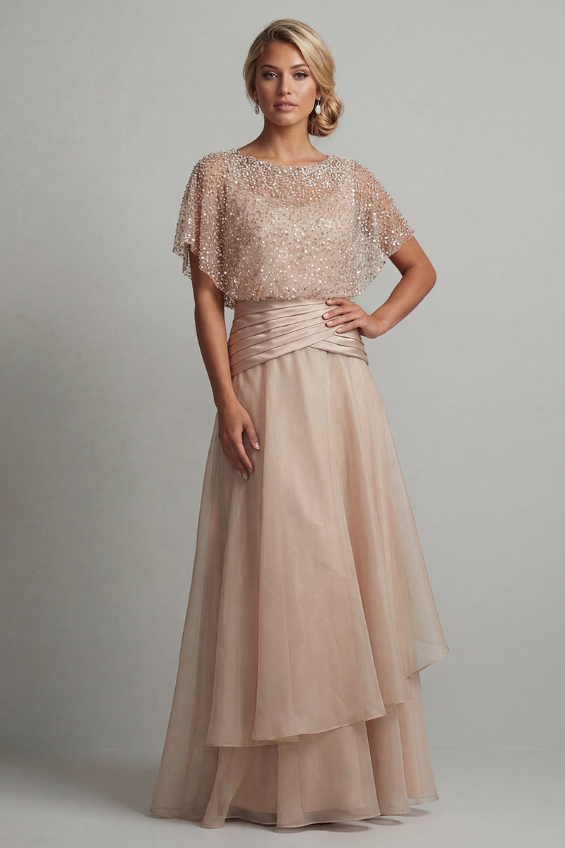 Load image into Gallery viewer, Champagne Beaded A Line Long Formal Dress with Ruffles