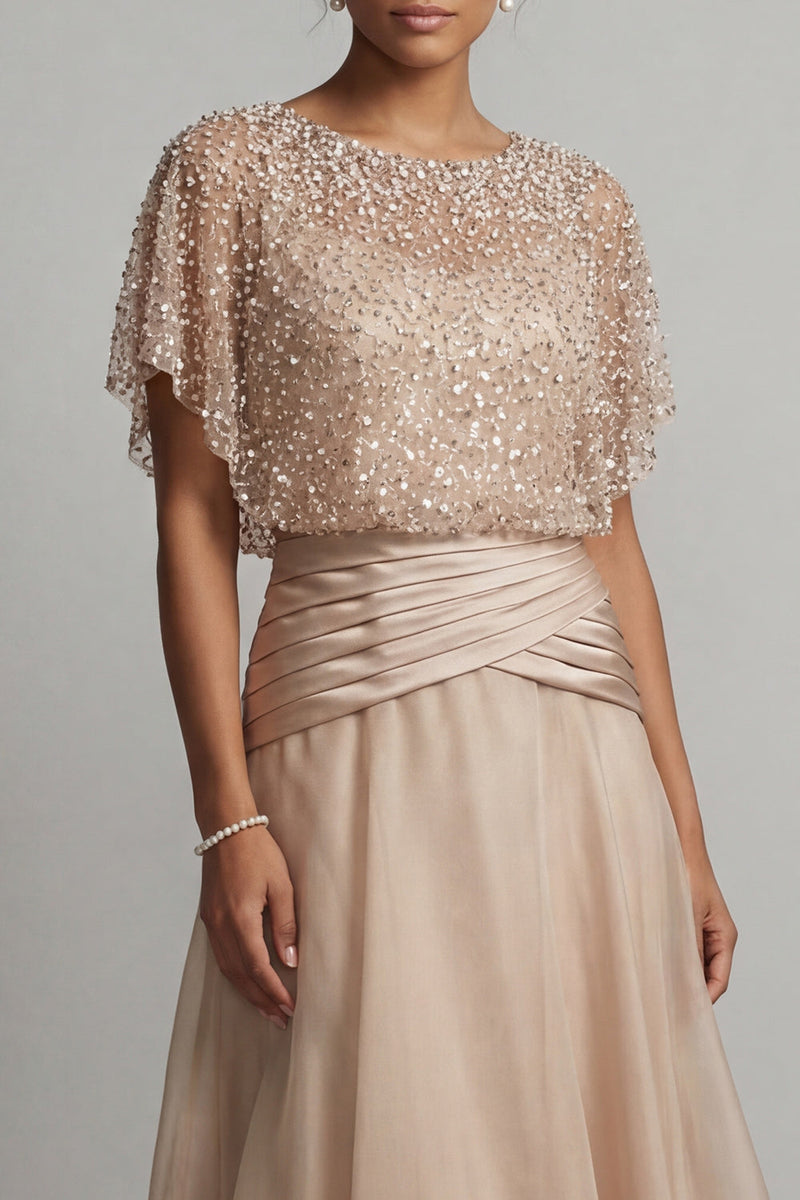 Load image into Gallery viewer, Champagne Beaded A Line Long Formal Dress with Ruffles