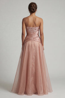 Dusty Rose A Line Beaded Long Formal Dress with Ruffles