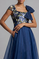 Load image into Gallery viewer, Navy Square Neck A Line Floral Long Formal Dress with Bow