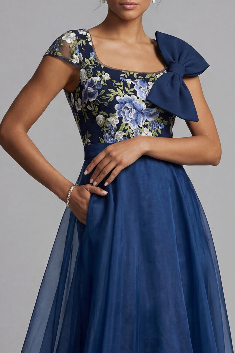 Load image into Gallery viewer, Navy Square Neck A Line Floral Long Formal Dress with Bow