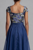 Load image into Gallery viewer, Navy Square Neck A Line Floral Long Formal Dress with Bow