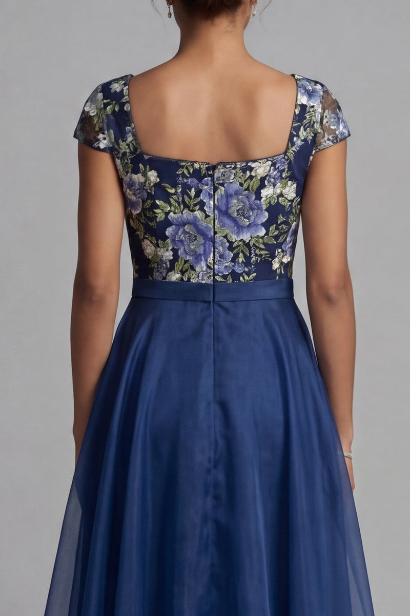 Load image into Gallery viewer, Navy Square Neck A Line Floral Long Formal Dress with Bow