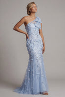 Load image into Gallery viewer, Sky Blue Floral Beaded Mermaid Long Formal Dress with Bow