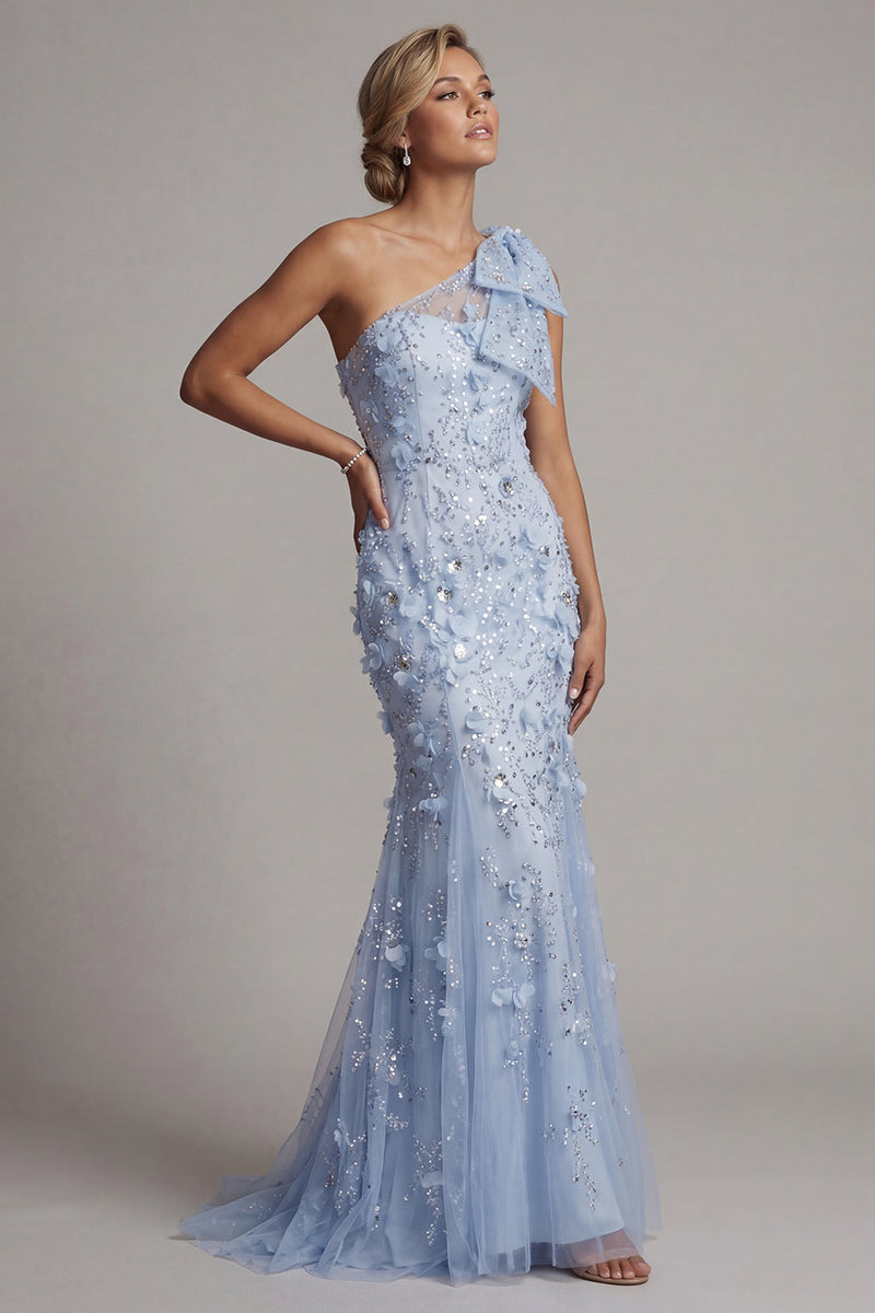 Load image into Gallery viewer, Sky Blue Floral Beaded Mermaid Long Formal Dress with Bow