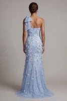 Load image into Gallery viewer, Sky Blue Floral Beaded Mermaid Long Formal Dress with Bow