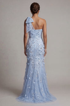 Sky Blue Floral Beaded Mermaid Long Formal Dress with Bow
