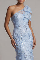 Load image into Gallery viewer, Sky Blue Floral Beaded Mermaid Long Formal Dress with Bow