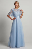 Load image into Gallery viewer, Sky Blue Floral A Line Long Formal Dress